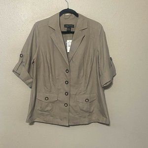 Lane Bryant Women's 14/16 Linen Cotton Jacket Beige 3/4 Sleeve Roll Tab Button